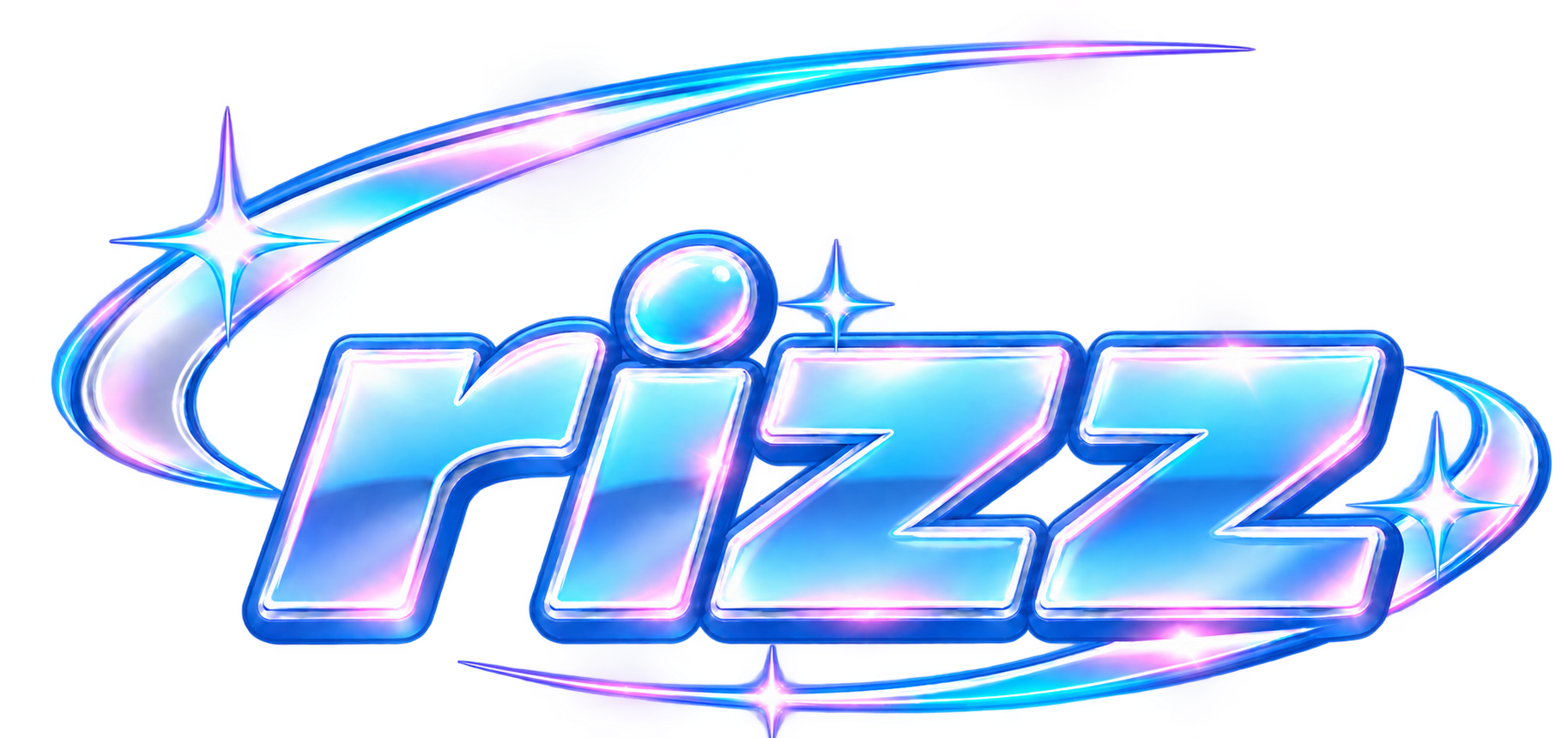rizz — blue lettering framed by two sparkling chrome swooshes